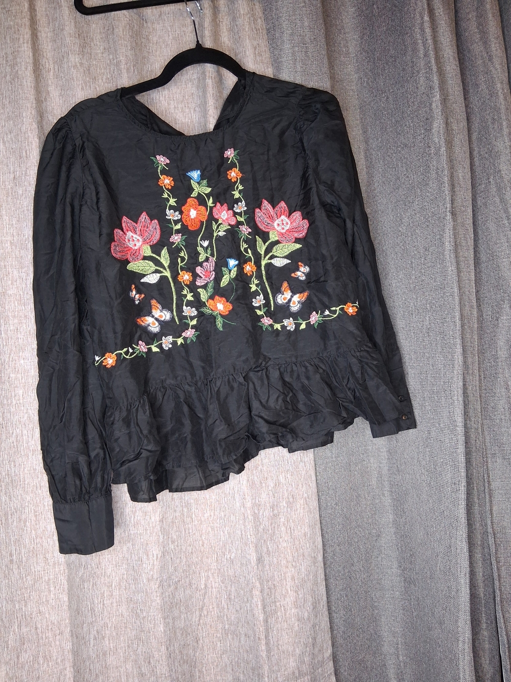 Black Embroidered Floral Peplum Top
